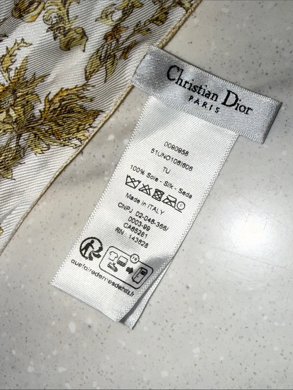 Authentic Dior Gold & White Logo Floral Silk Mitzah Scarf